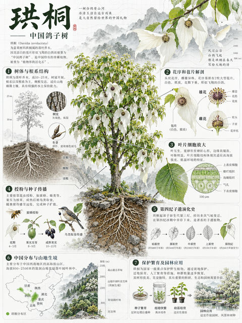 极简东方美学：珙桐植物百科全书设计图 - AI图片提示词示例