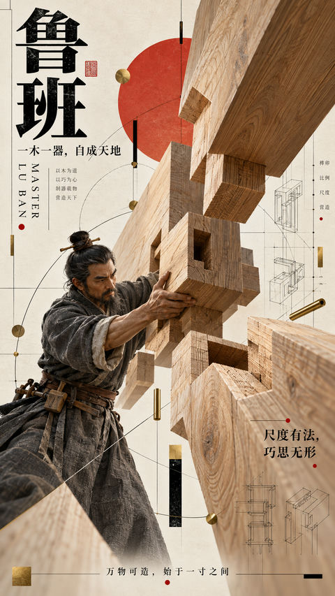包豪斯几何下的东方木作宗师鲁班 - AI图片提示词示例