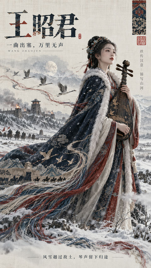 织绣残影：王昭君风雪出塞图 - AI图片提示词示例