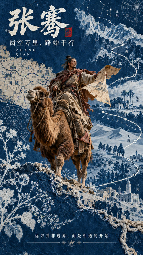 东方蓝晒实验艺术：张骞凿空万里海报 - AI图片提示词示例
