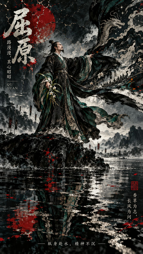 漆绘屈原：路漫漫其修远兮东方大作 - AI图片提示词示例