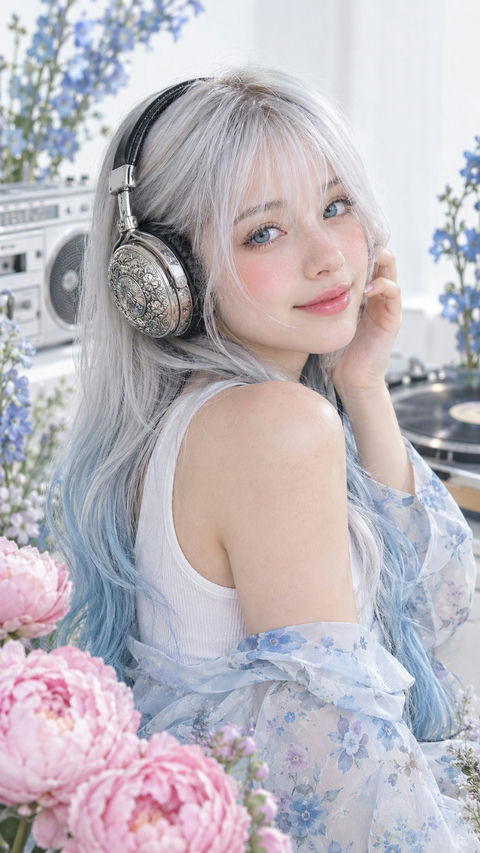 银发少女复古耳机花卉写真 - AI图片提示词示例