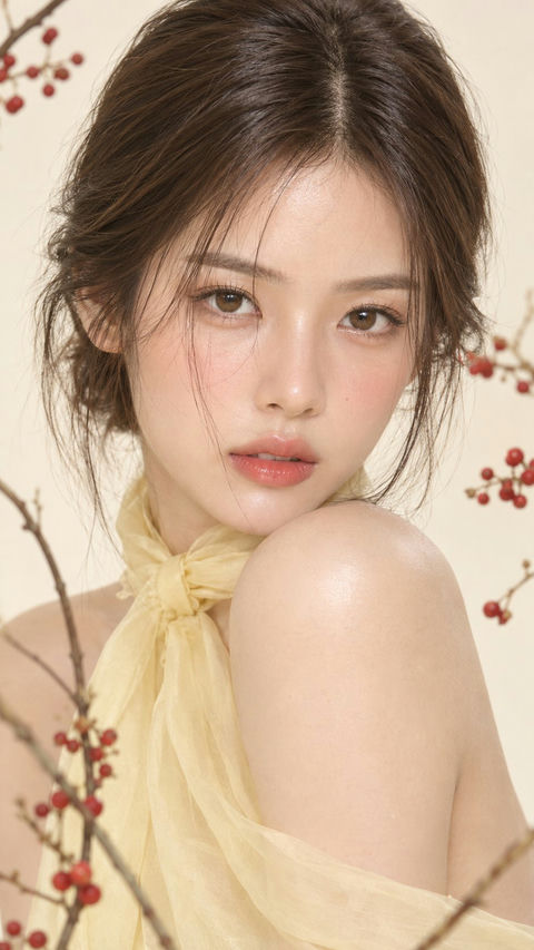 韩系柔光透亮水光肌女性美妆大片 - AI图片提示词示例