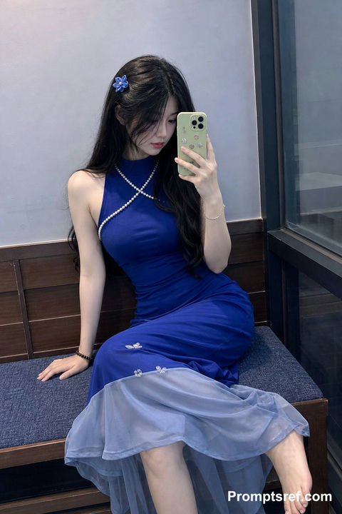 宝蓝长裙日系女性室内木凳自拍 - AI图片提示词示例