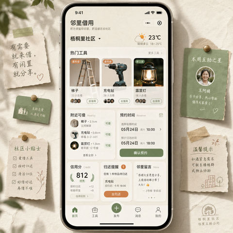 邻里共享工具小程序UI界面设计方案 - AI图片提示词示例