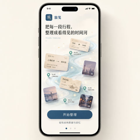 温柔流动的时间之河：iOS旅行票据整理应用引导页 - AI图片提示词示例