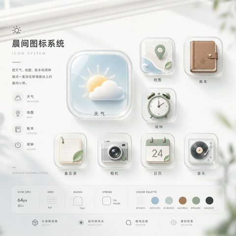 晨光窗台轻质感应用图标系统展示图 - AI图片提示词示例
