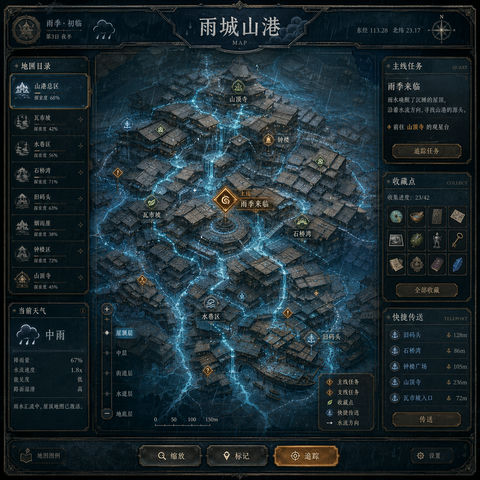 雨季山城动态流向屋顶活地图界面设计 - AI图片提示词示例