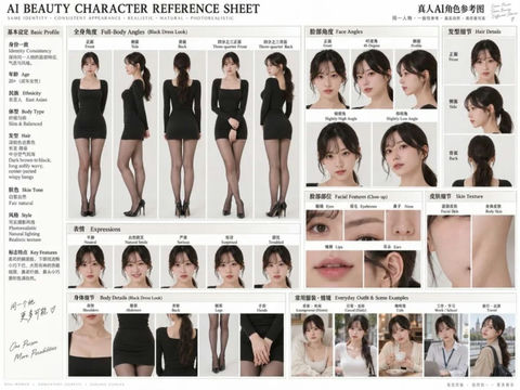 专业级AI美女角色固定参考表 - AI图片提示词示例