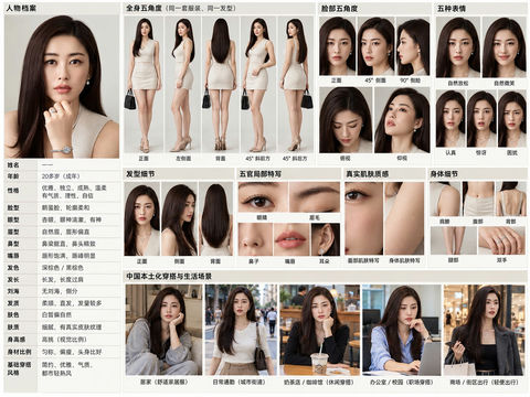 专业级AI美女角色一致性固定表生成提示词 - AI图片提示词示例