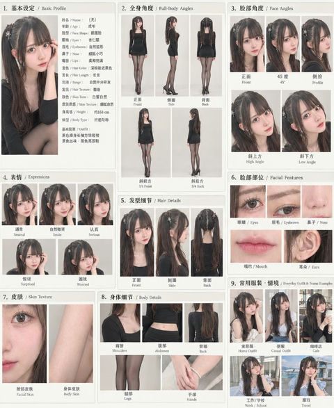 AI美女角色一致性设定参考图 - AI图片提示词示例