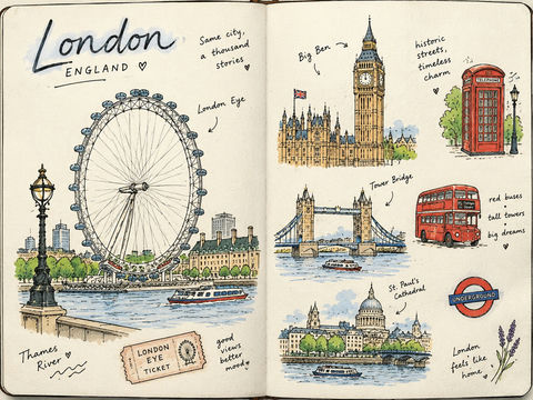 手绘旅行笔记插画风格提示词 - AI图片提示词示例