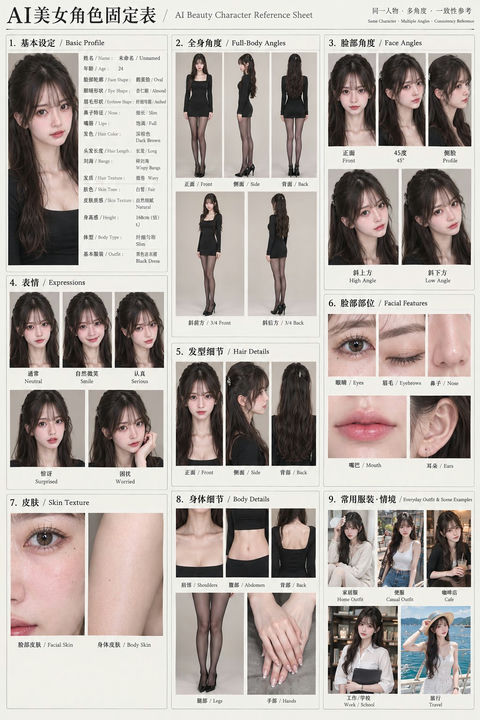 专业级AI东亚美女角色一致性参考设计图