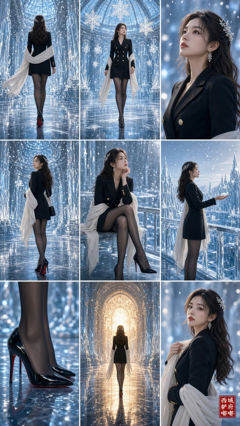 冰雪宫殿九宫格东亚女性时尚摄影 - AI图片提示词示例