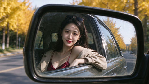 复古汽车后视镜中的秋日女性人像特写 - AI图片提示词示例