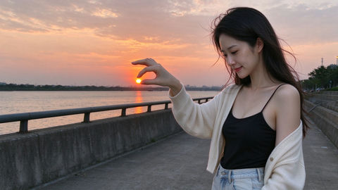 夕阳捏在指尖的女孩江边侧影 - AI图片提示词示例