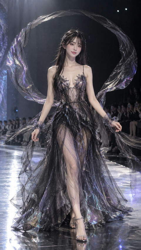 日本笨呆萌妹幻彩黑纱礼服走秀 - AI图片提示词示例