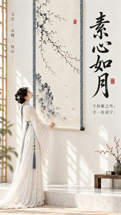 东方禅意极简古风女子长卷封面 - AI图片提示词示例