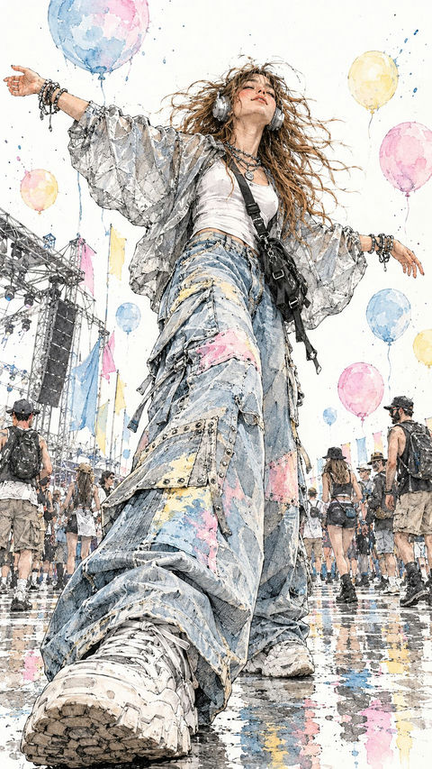 户外音乐节起舞少女水墨插画 - AI图片提示词示例