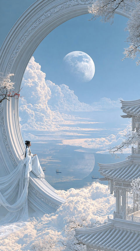 华丽中国仙侠白玉月亮门仙女 - AI图片提示词示例