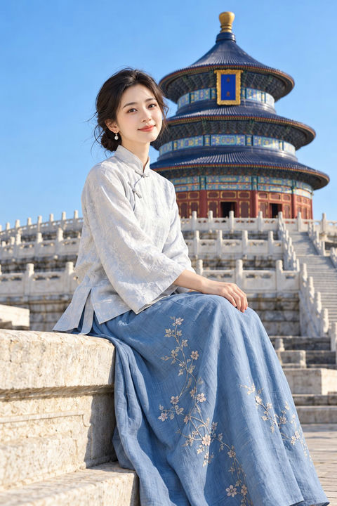 天坛祈年殿新中式人像摄影 - AI图片提示词示例