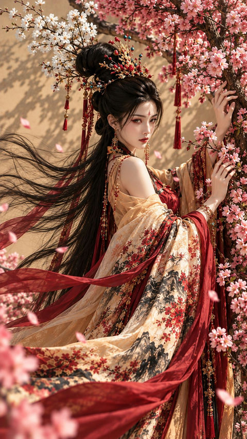 大唐风华：桃花源中的忧郁贵族少女 - AI图片提示词示例