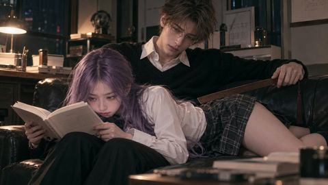 夜晚书房男子与JK裙女子摄影 - AI图片提示词示例